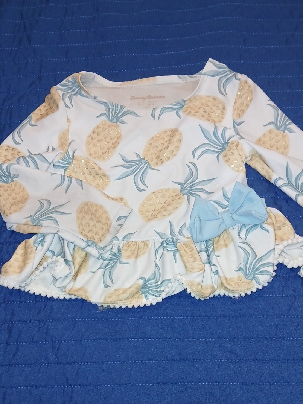 Tommy Bahama White Long-Sleeve Pineapple Peplum Top with Light Blue Bow